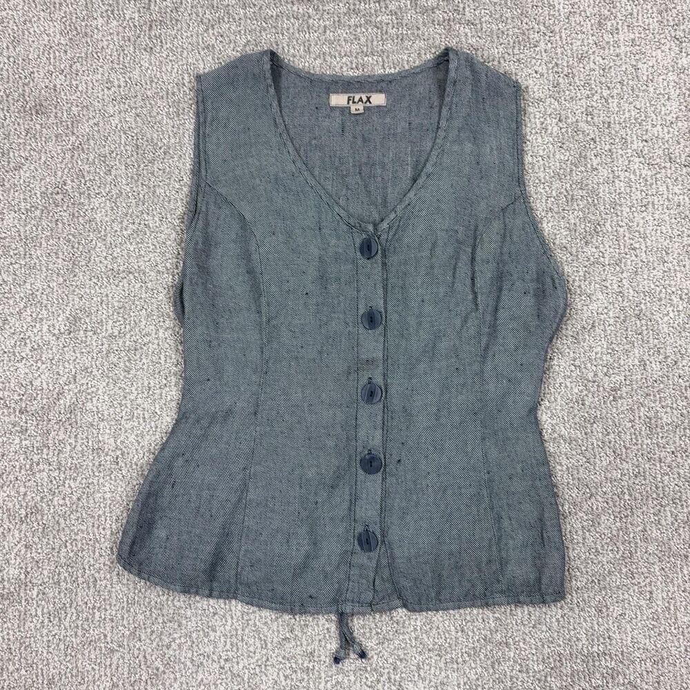 FLAX Vest Womens Medium Blue Linen Button Sleeveless Lagenlook Minimalist Boho